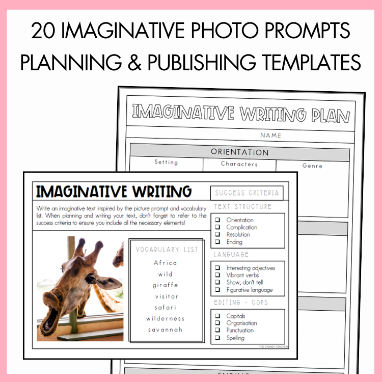Imaginative writing plan and vocabulary list with a pink border and text above that reads '20 Imaginative Photo Prompts Planning and Publishing Templates.'