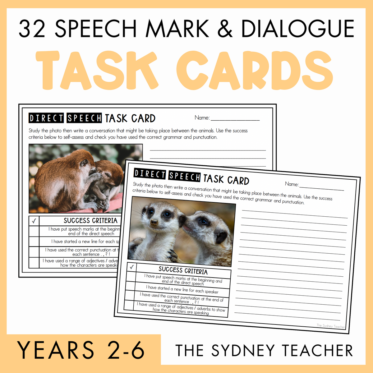 Promotional image for '32 Speech Mark & Dialogue Task Cards' for Years 2-6 by the Sydney Teacher featuring two task cards with example photo prompts.