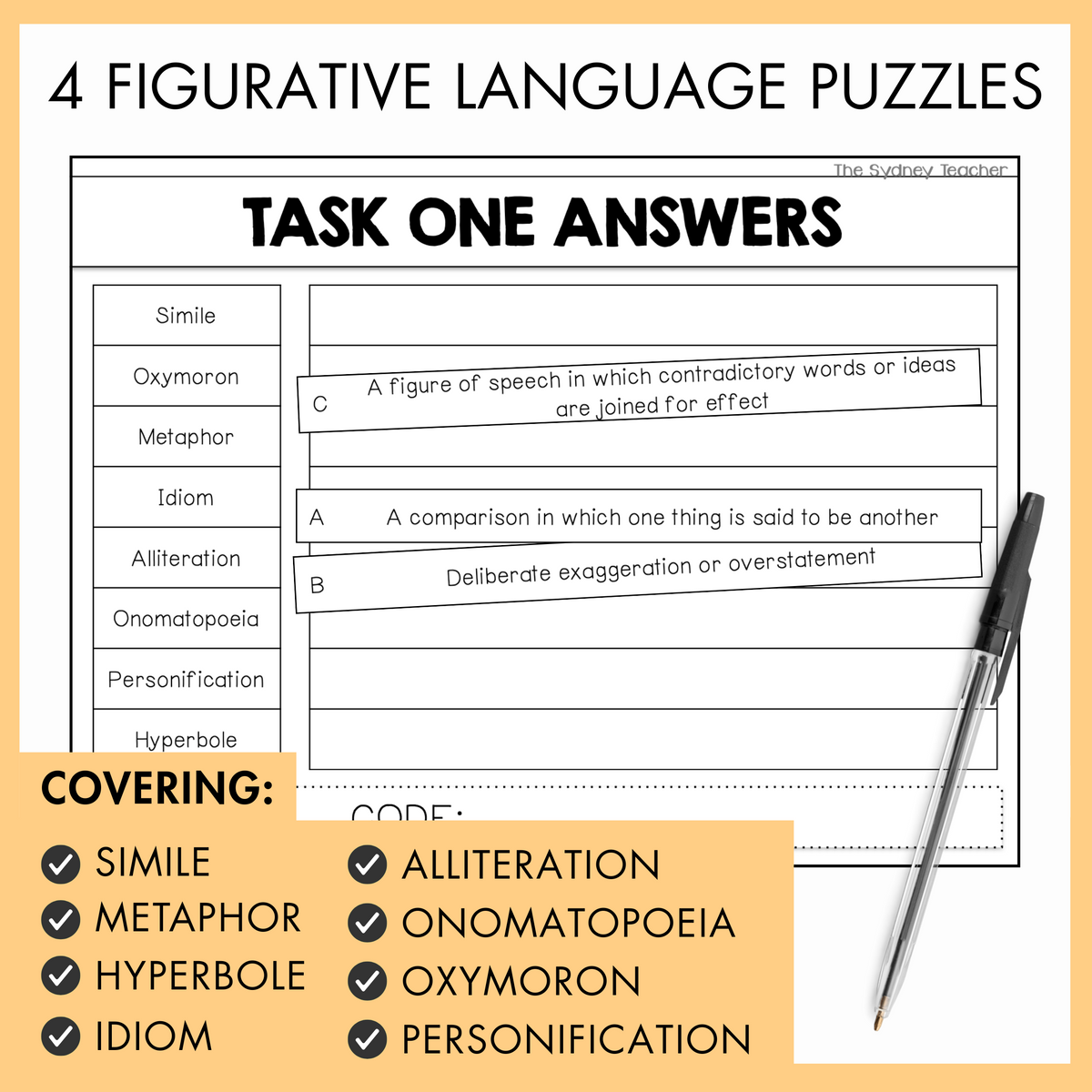 Sheet of figurative language puzzles with answers and a pen on a yellow background. Below is a banner that contains checklist of figurative languages covered: simile, metaphor, hyperbole, idiom, alliteration, onomatopoeia, oxymoron, and personification.