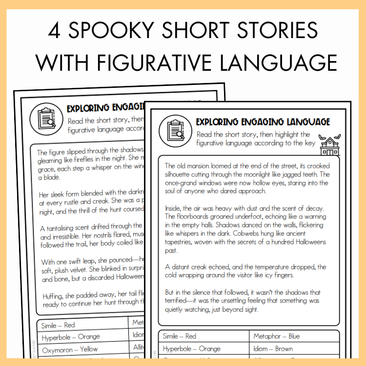 Two pages from a worksheet titled '4 Spooky Short Stories with Figurative Language' on a light orange background.