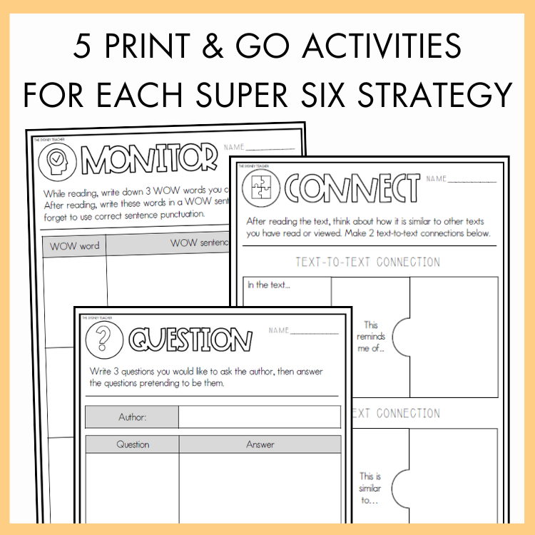 Printable worksheets for 'Monitor', 'Connect', and 'Question' strategies from Super Six reading strategies with text '5 print and go activities for each super six strategy'.
