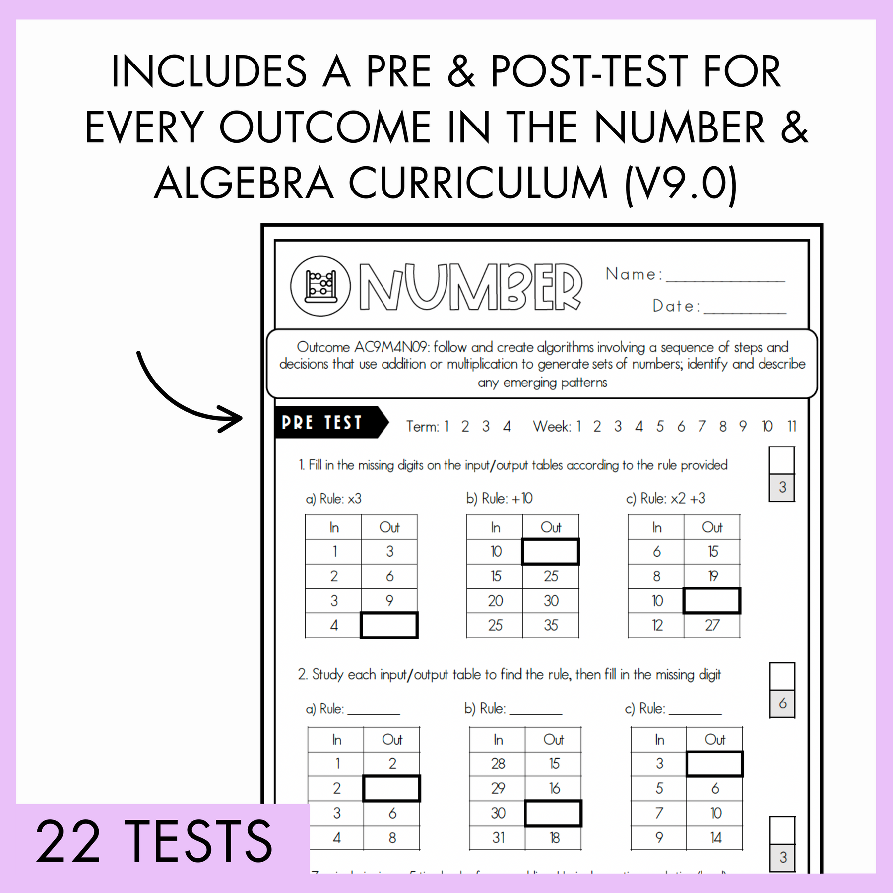 Year 4 Number & Algebra Printable Test Pack