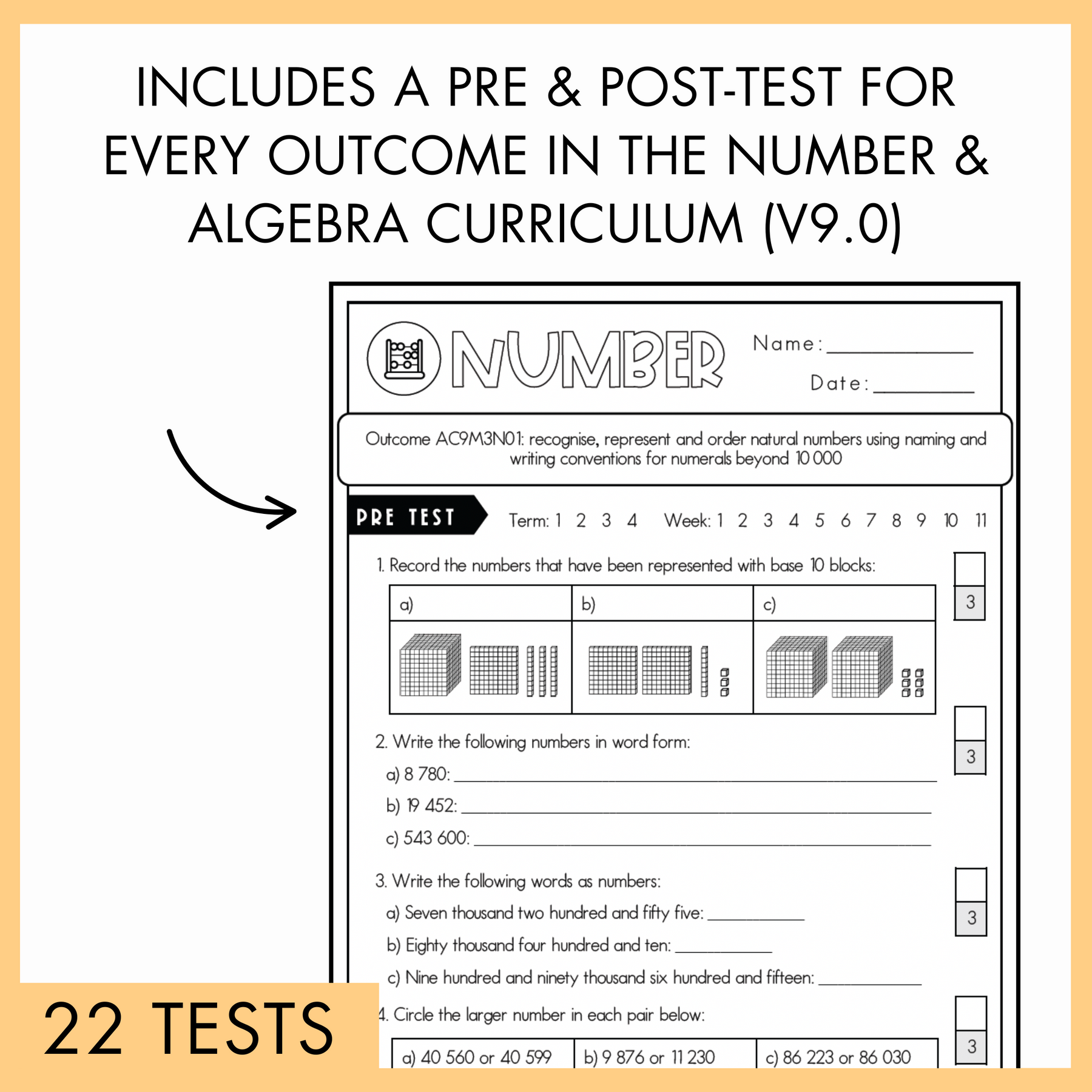 Year 3 Number & Algebra Printable Test Pack