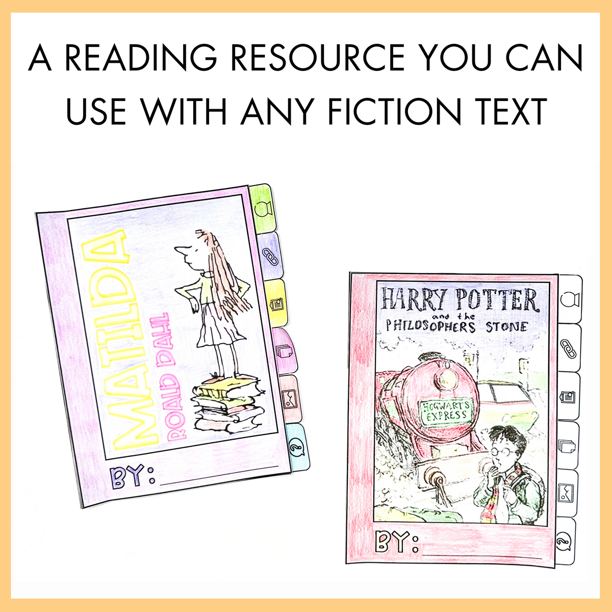 Two super six comprehension flipbooks with covers, 'Matilda' and 'Harry Potter and the Philosopher's Stone', with text 'A reading resource you can use with any fiction text'.