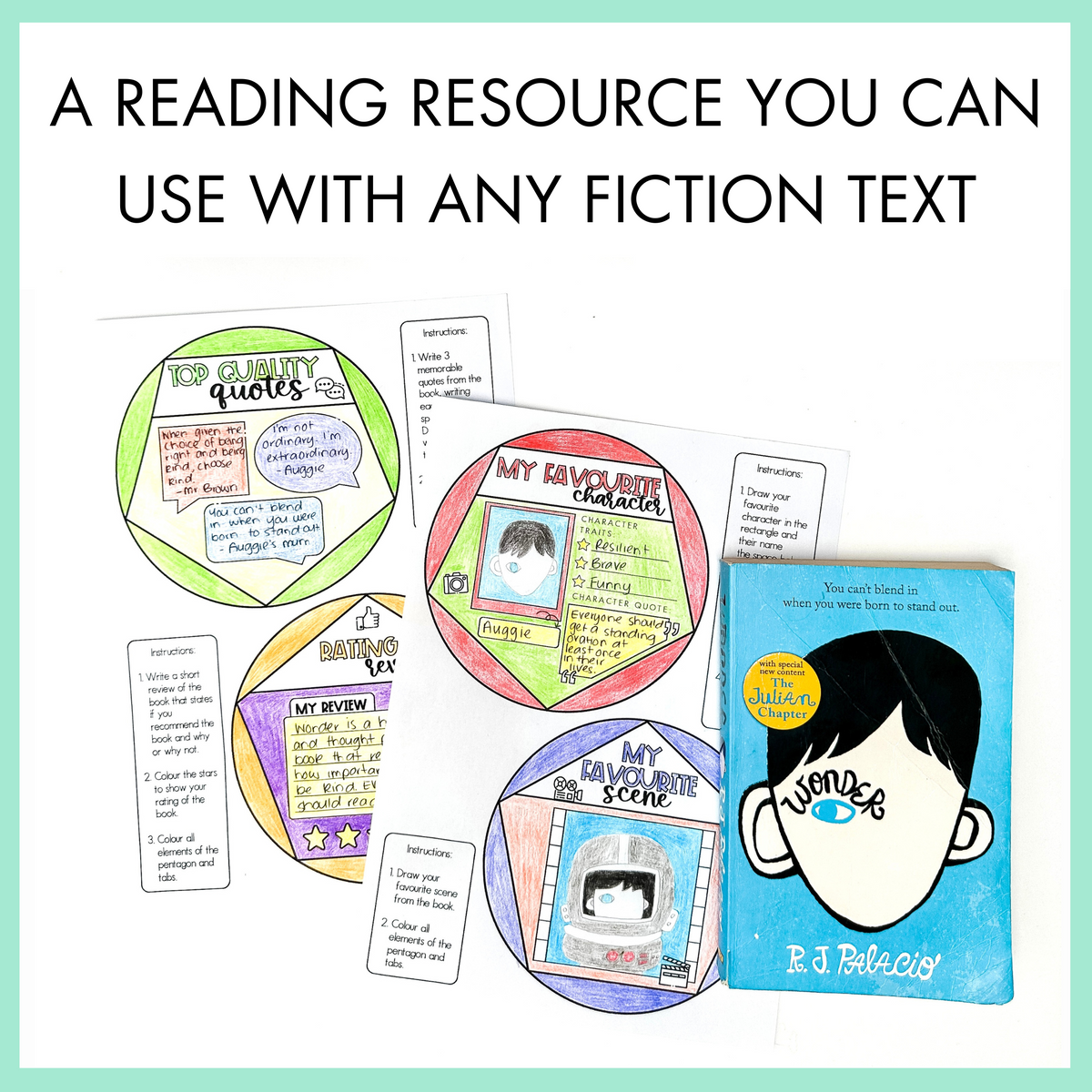 Dodecahedron book report materials with a book titled 'Wonder' by R.J. Palacio on a light green background with text 'A reading resource you can use with any fiction text'.