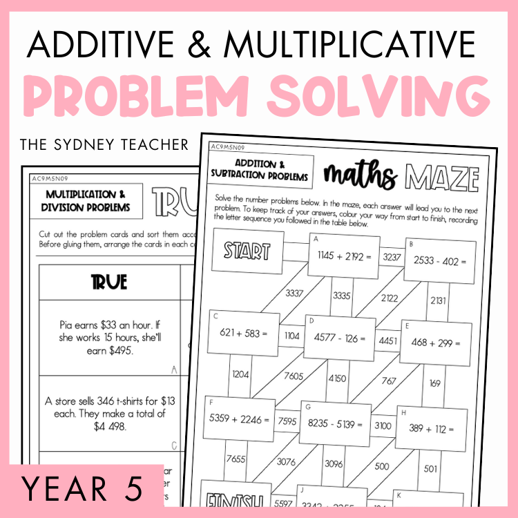 Cover of a educational product titled 'Additive and Multiplicative Problem Solving' for Year 5, by The Sydney Teacher featuring sample True or False worksheet on multiplication and division problems and a maths maze activity.