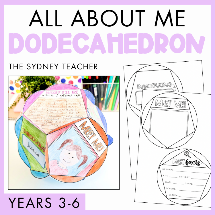 Dodecahedron craft kit for Years 3-6 by The Sydney Teacher with 'All About Me Dodecahedron' text and dodecahedron illustration on a purple background.