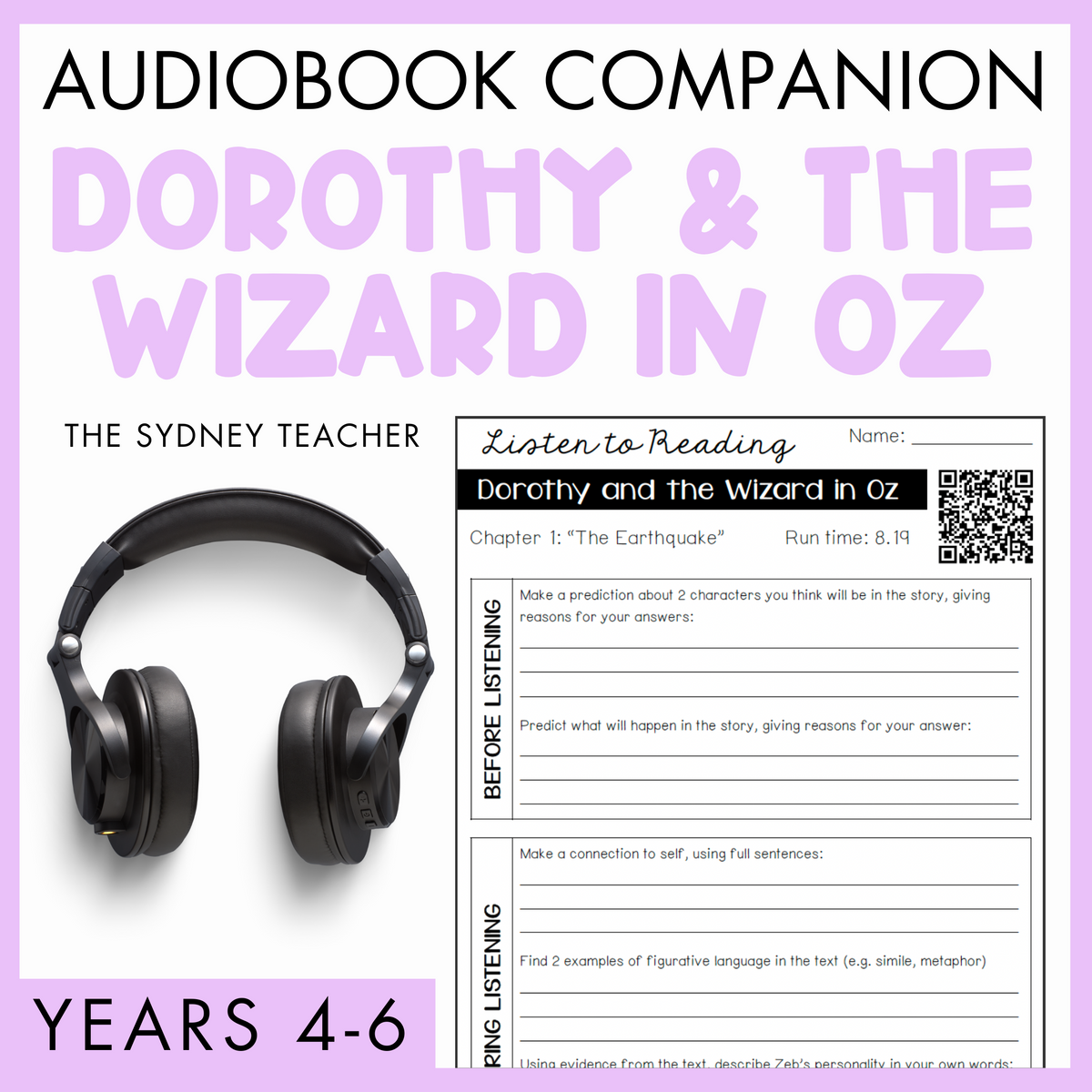 Audiobook companion for 'Dorothy & The Wizard in Oz' for Years 4-6 by the Sydney Teacher featuring headphones and a worksheet with text 'Listen to Reading' on a purple background.