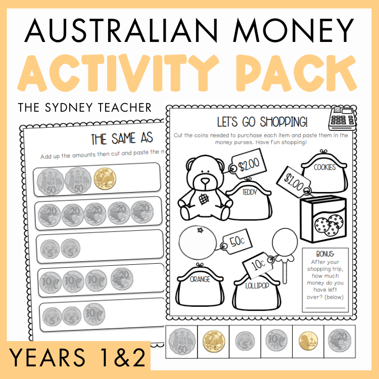 Australian money activity pack for Years 1 and 2 by the Sydney Teacher featuring worksheets titled 'The Same As' and 'Let's Go Shopping!' with illustrations on a yellow background.