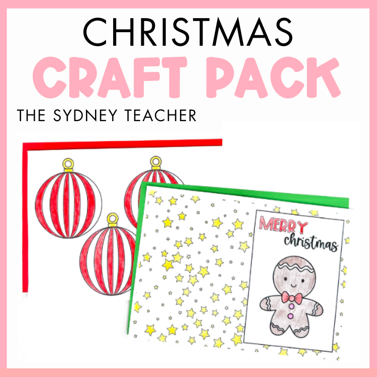 Christmas craft pack by The Sydney Teacher with festive decorations and a gingerbread man design on a pink border.