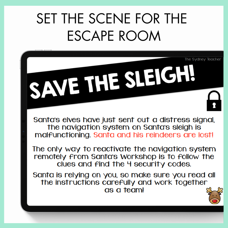 Digital escape room scenario with text about saving Santa's sleigh on a tablet display with text 'Set the scene for the escape room'.
