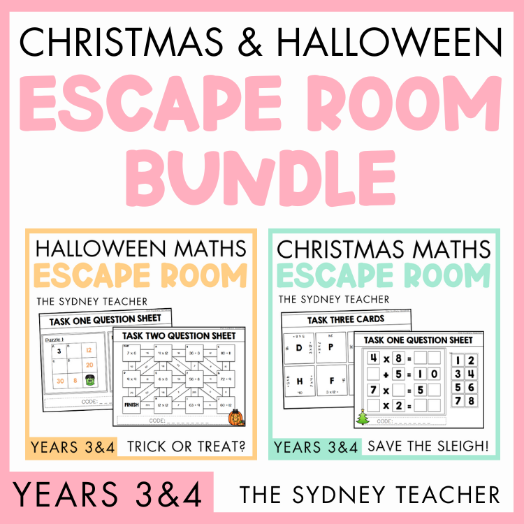 Promotional image for Christmas and Halloween escape room bundle by The Sydney Teacher for Years 3 and 4 featuring two packs, the Halloween Maths Escape Room 'Trick or Treat?' and Christmas Maths Escape Room 'Save the Sleigh!'