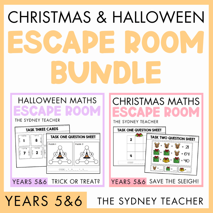 Promotional image for Christmas and Halloween escape room bundle by The Sydney Teacher for Years 5 and 6 featuring two packs, the Halloween Maths Escape Room 'Trick or Treat?' and Christmas Maths Escape Room 'Save the Sleigh!'
