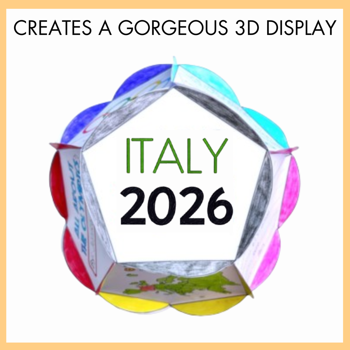 3D dodecahedron display model with 'ITALY 2026' in the middle and text 'creates a gorgeous 3D display'.
