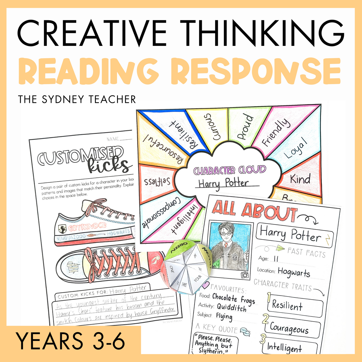 Educational materials for creative thinking and reading response by the Sydney Teacher for Years 3-6 with customised kicks, character cloud, and Harry Potter all about me character bunting.