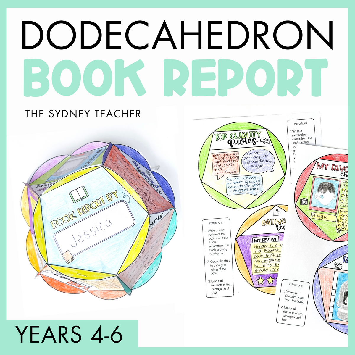 Dodecahedron book report by The Sydney Teacher for Years 4-6 with image of the finished dodecahedron projects and templates with colorful design on a light green background.