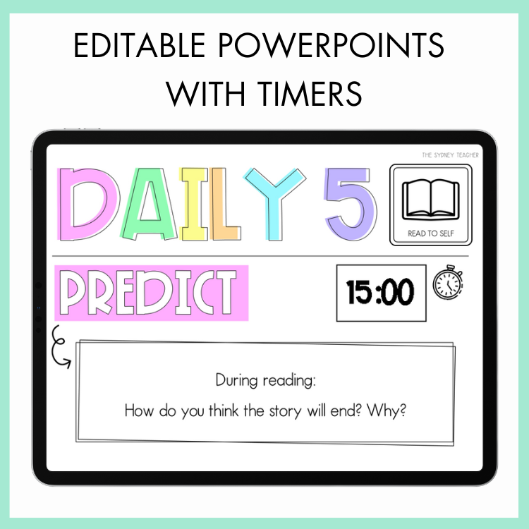 Powerpoint slide with 'Daily 5 Predict' and timer on a green border.