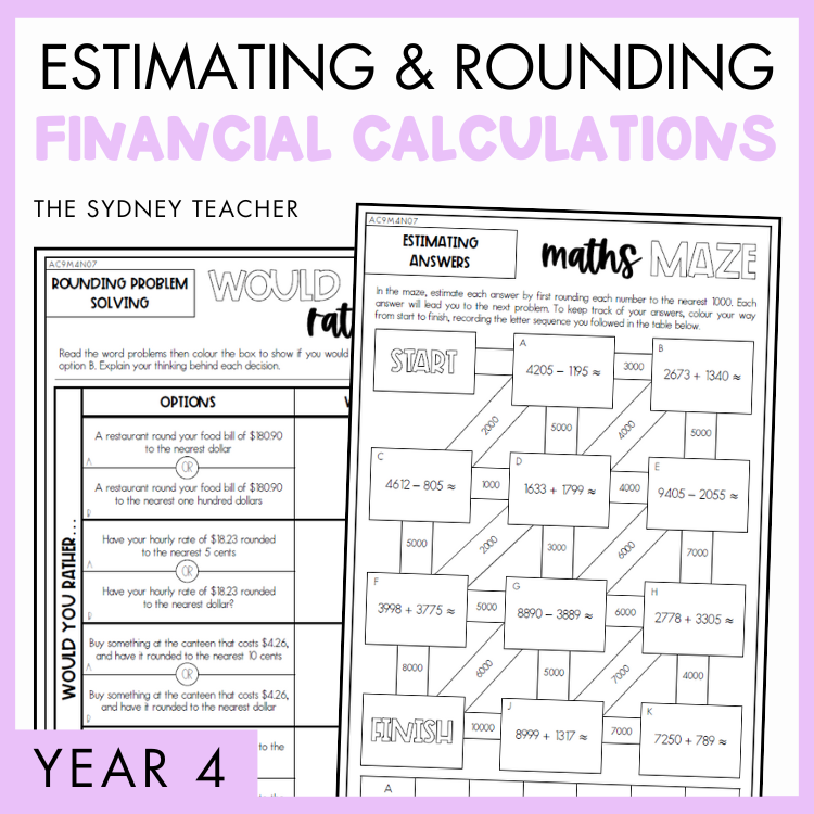 Estimating and rounding financial calculations pack by The Sydney Teacher. Below are overlapping Year 4 maths would you rather and maths maze materials on a purple background.