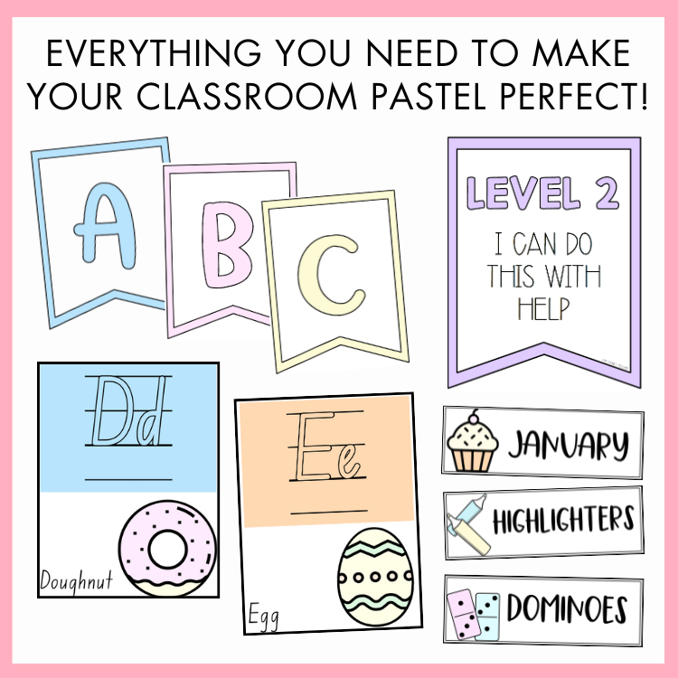 Educational posters and signs with letters, numbers, and graphics on a pink border. Above, the text reads 'Everything you need to make your classroom pastel perfect!'