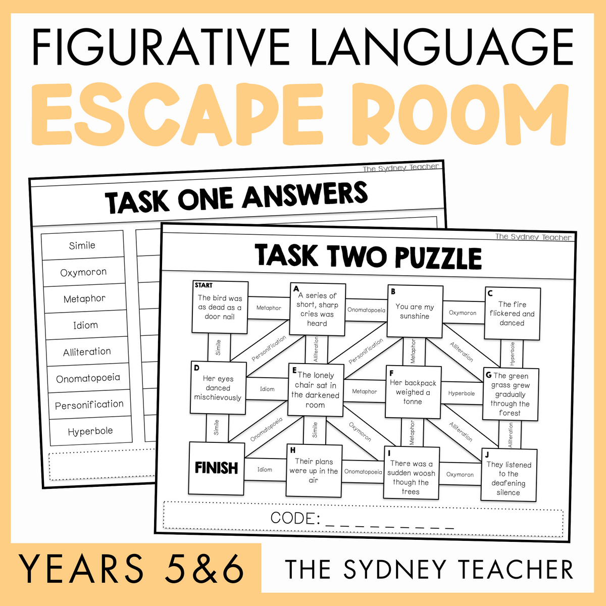 Figurative Language Escape Room activity by The Sydney Teacher for Years 5 and 6 with Task Two Puzzle and Task One Answers on a yellow background.