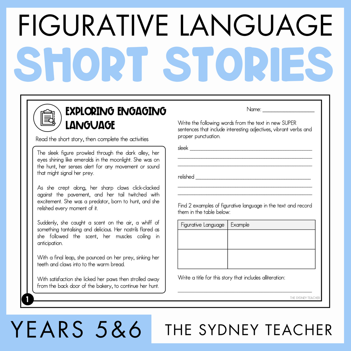 Figurative Language Short Stories for years 5 & 6 by the Sydney Teacher featuring a worksheet with title 'Exploring Engaging Language' and activities.