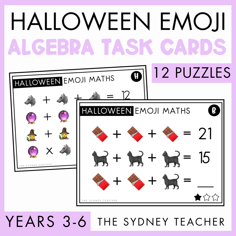 Halloween Emoji Algebra Task Cards cover image featuring two sample math puzzle cards with Halloween-themed emojis, set against a light purple background with text indicating 12 puzzles for years 3-6.