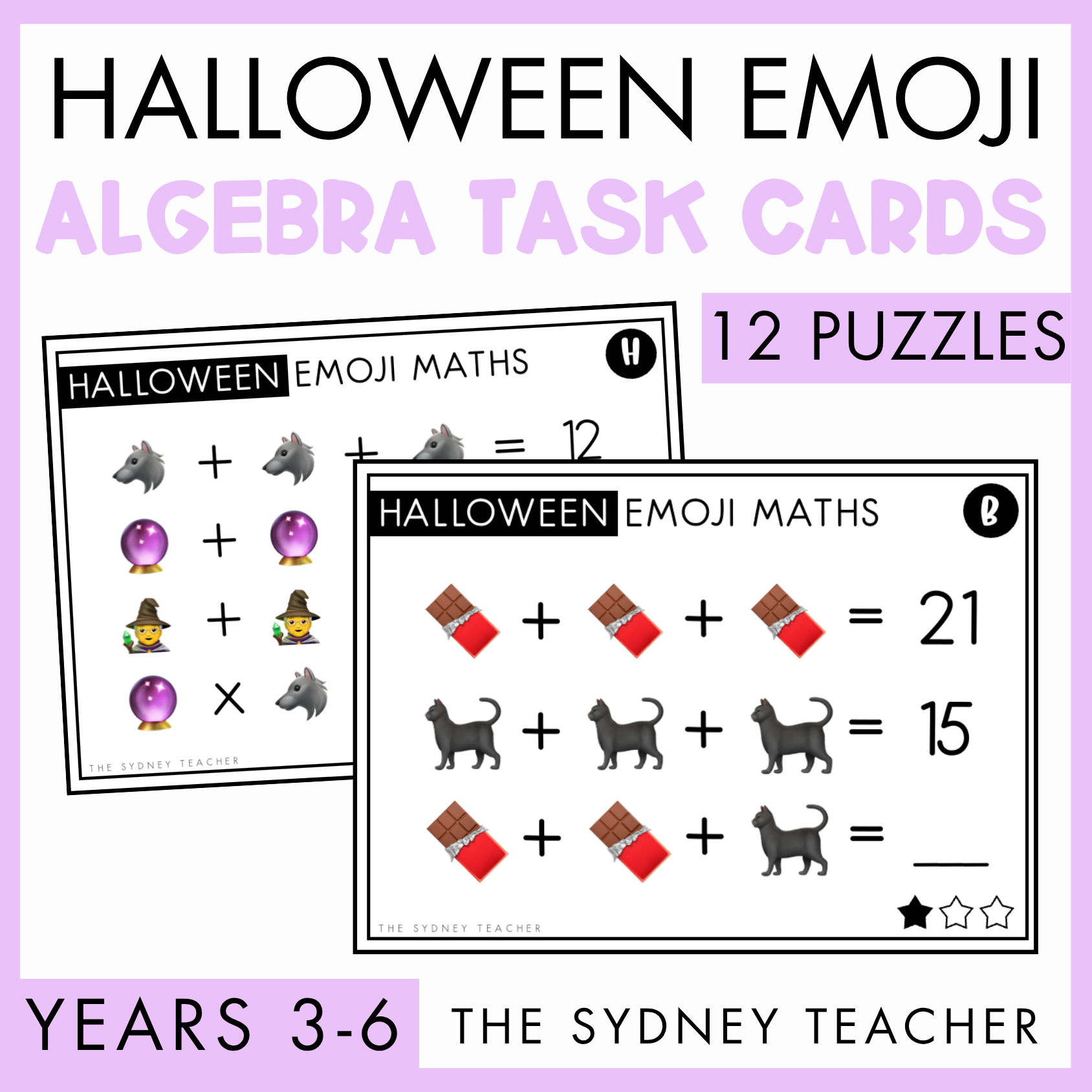 Halloween Emoji Algebra Task Cards cover image featuring two sample math puzzle cards with Halloween-themed emojis, set against a light purple background with text indicating 12 puzzles for years 3-6.