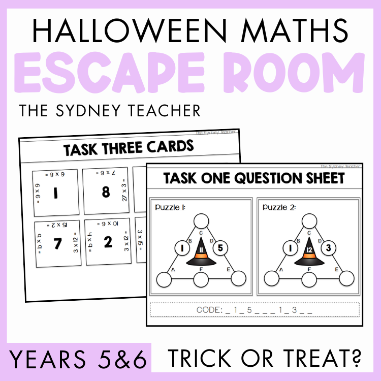Halloween Maths Escape Room activity for Years 5&6 titled 'Trick or Treat?' by the Sydney Teacher featuring two task cards with puzzles on a purple background.