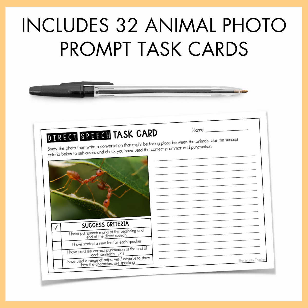 Task card with animal photo and writing prompt, accompanied by a pen on a light orange background with text 'includes 32 animal photo prompt task cards'.