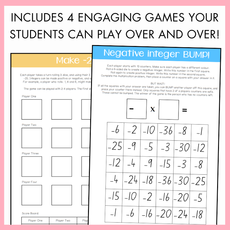 Math worksheet with negative integer game instructions on a pink background. The text above reads, 'Includes 4 engaging Games Your Students Can Play Over and Over!'