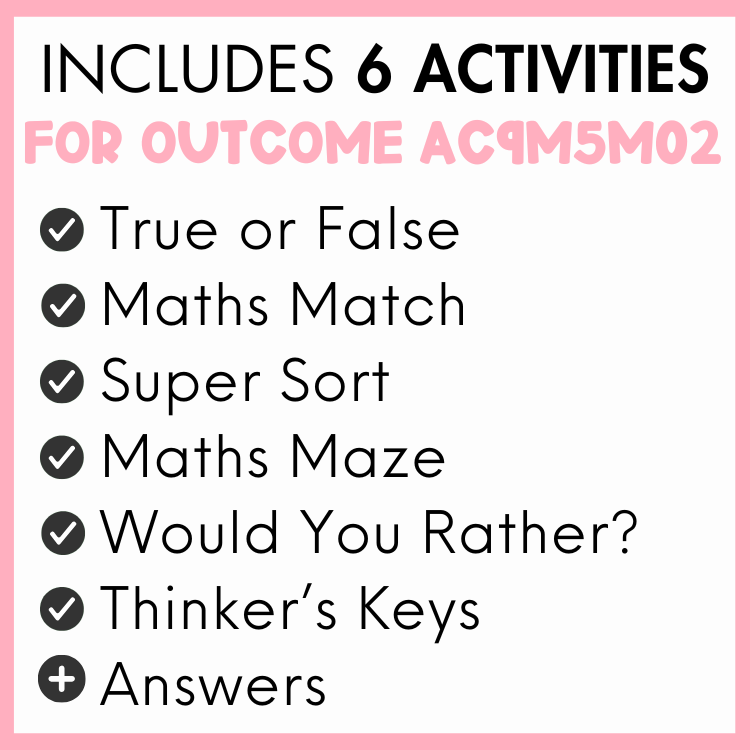 List of 6 activities for outcome AC9M5M02, true or false, maths match, super sort, maths maze, would you rather?, thinker's keys, and answers, with a pink border.