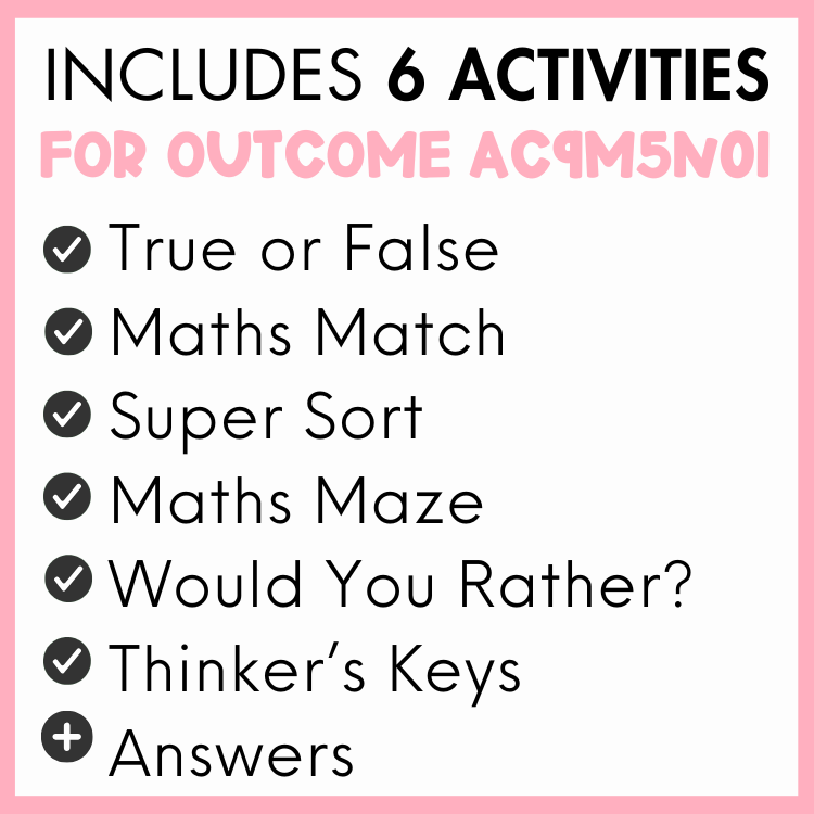 List of 6 activities for outcome AC9M5N01, true or false, maths match, super sort, maths maze, would you rather?, thinker's keys, and answers, with a pink border.