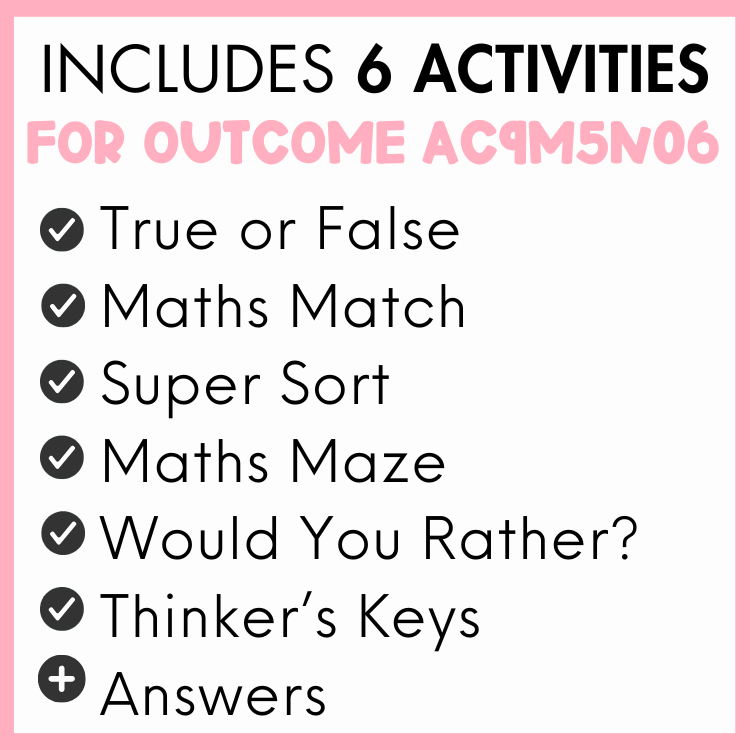 List of 6 activities for outcome AC9M5N06, true or false, maths match, super sort, maths maze, would you rather?, thinker's keys, and answers, with a pink border.