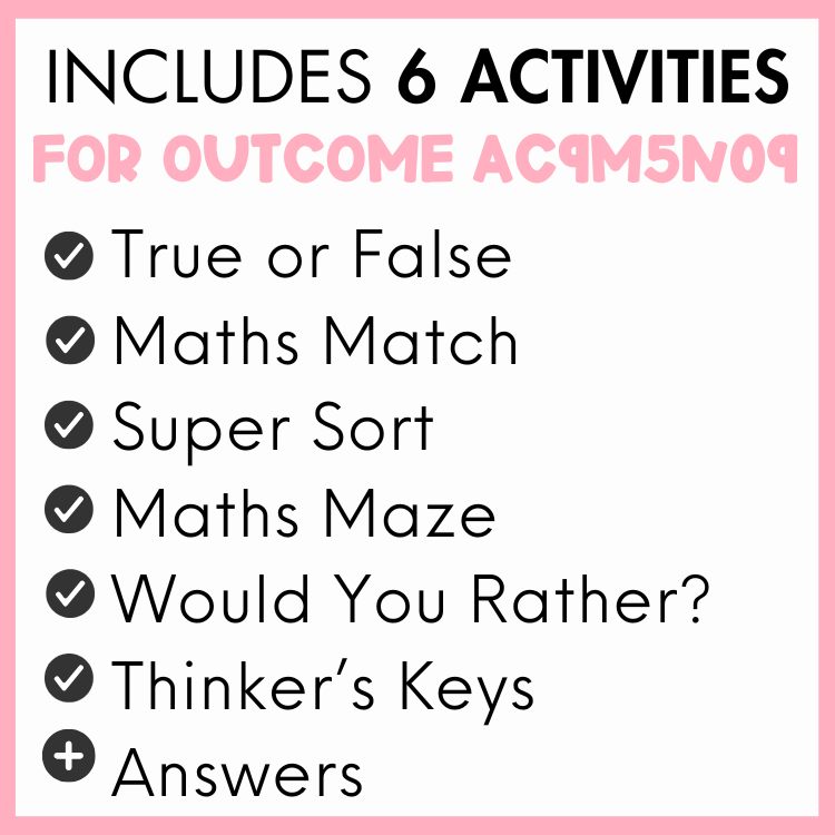 List of 6 activities for outcome AC9M5N09, true or false, maths match, super sort, maths maze, would you rather?, thinker's keys, and answers, with a pink border.