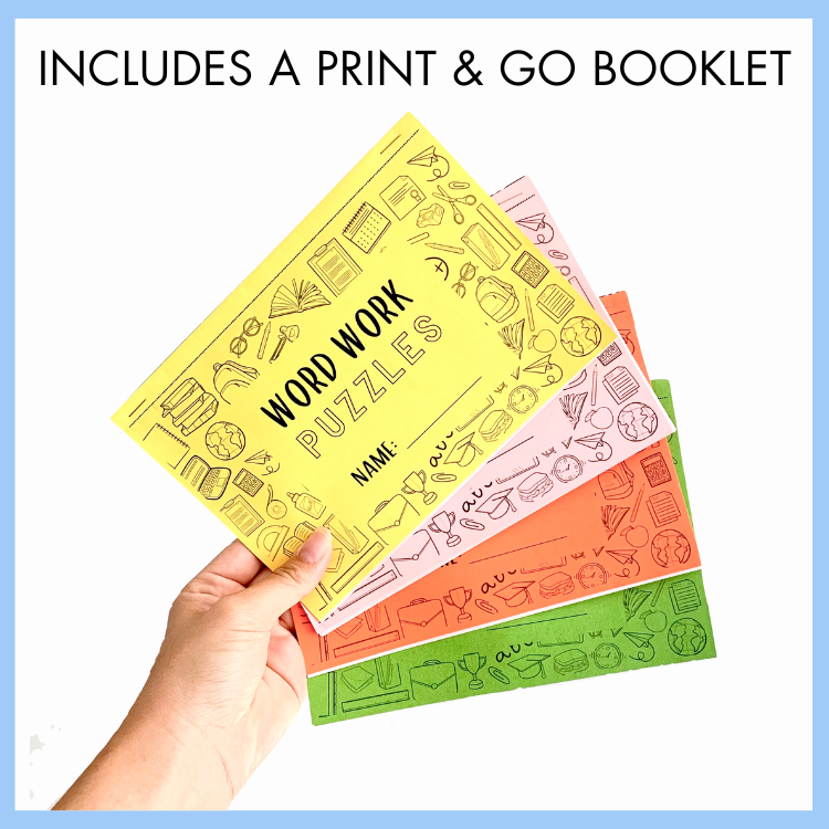 Colorful 'Word Work Puzzles' printables held by a hand with text 'INCLUDES A PRINT & GO BOOKLET'.