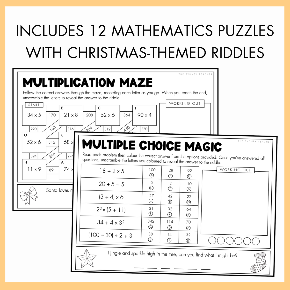 Mathematics puzzles with Christmas-themed riddles, Multiplication Maze and Multiple Choice Magic, on a yellow border. At the top, the text reads 'Includes 12 mathematics puzzles with christmas-themed riddles.'
