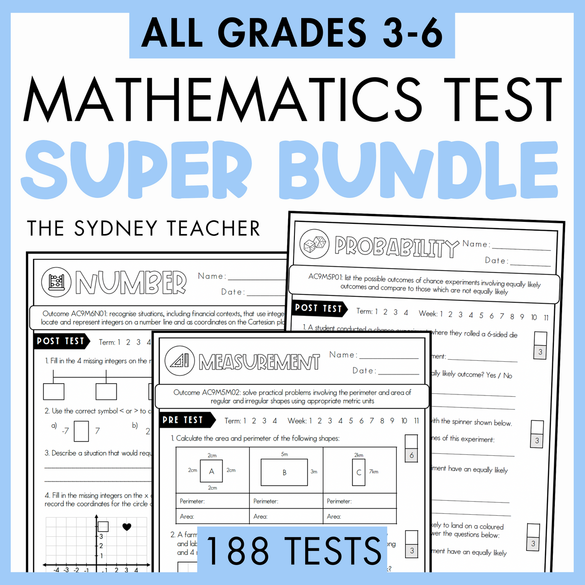 Mathematics test super bundle by The Sydney Teacher for grades 3-6 with multiple test pages displayed for Number, Probability, and Measurement. Below is a light blue banner with text '188 tests'.