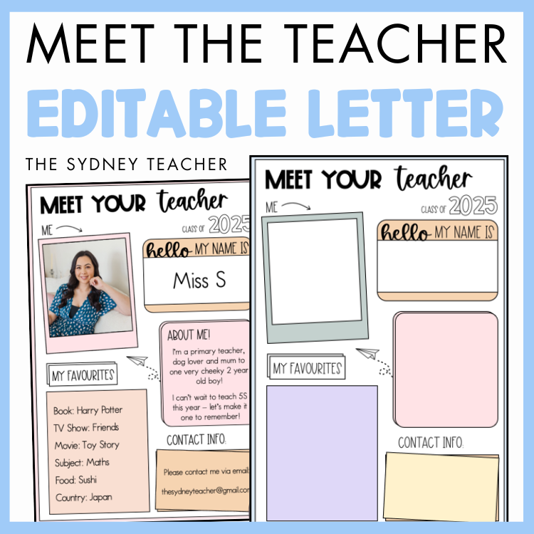 Meet the Teacher editable letter by the Sydney Teacher with customizable template sections on a blue background.