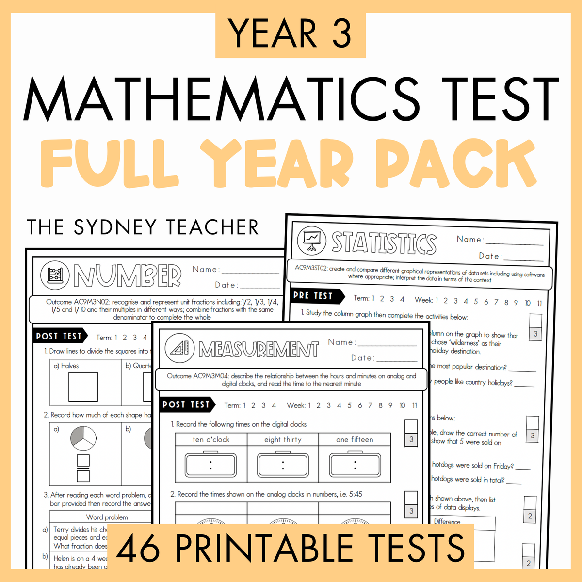 Year 3 Maths Printable Test Pack FULL YEAR - Australian Curriculum V9.0