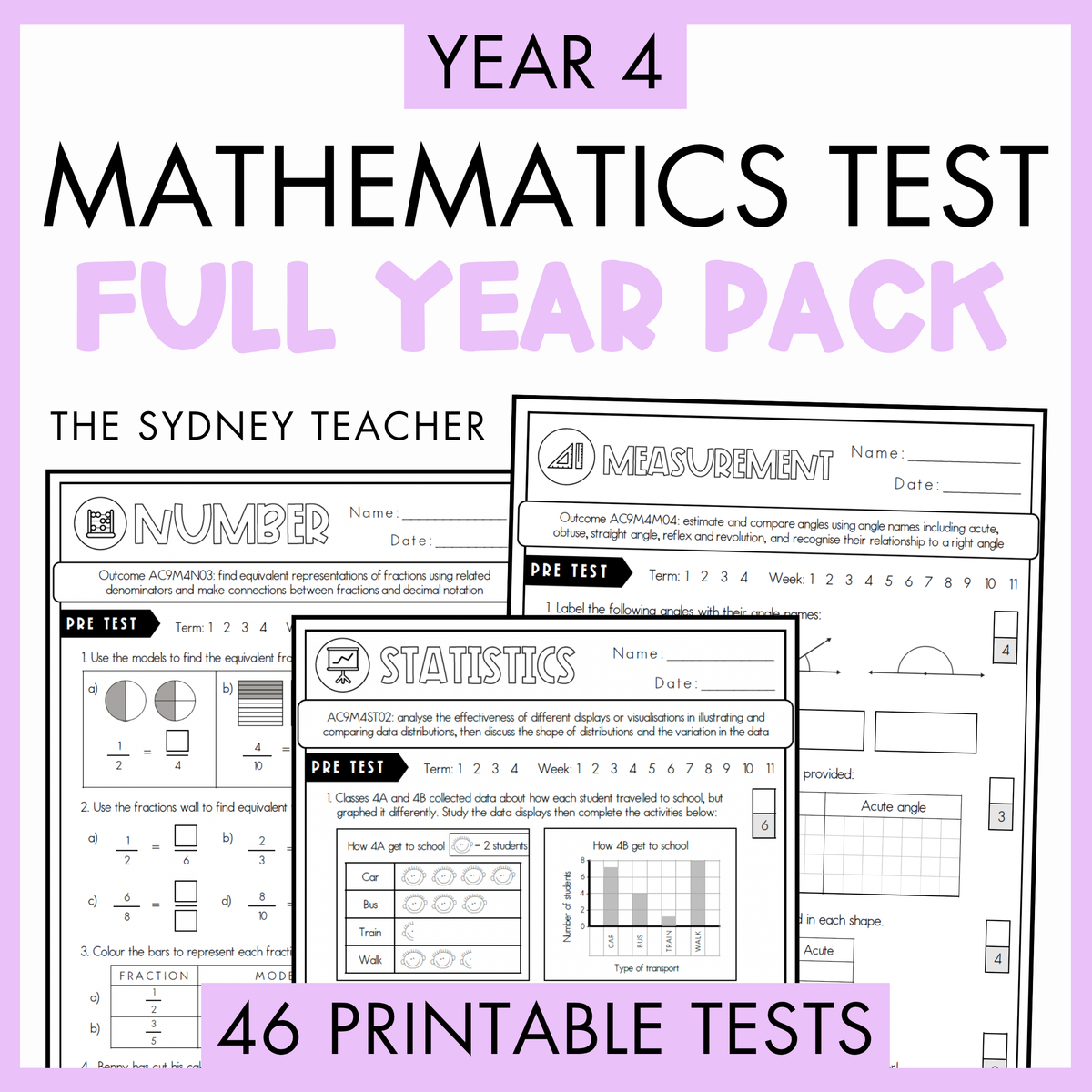 Year 4 Maths Printable Test Pack FULL YEAR - Australian Curriculum V9.0