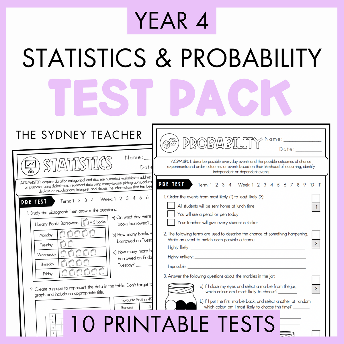 Year 4 Statistics & Probability Printable Test Pack