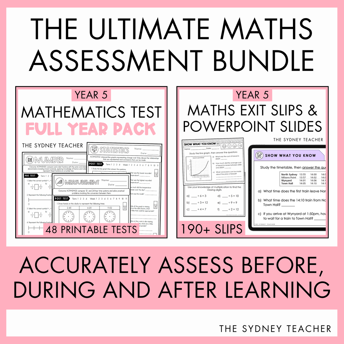 A PowerPoint slide on division worksheets displayed on a laptop screen, with text reading "Includes matching PowerPoint slides that are 100% editable, use during whole class discussions to explicitly teach each skill."