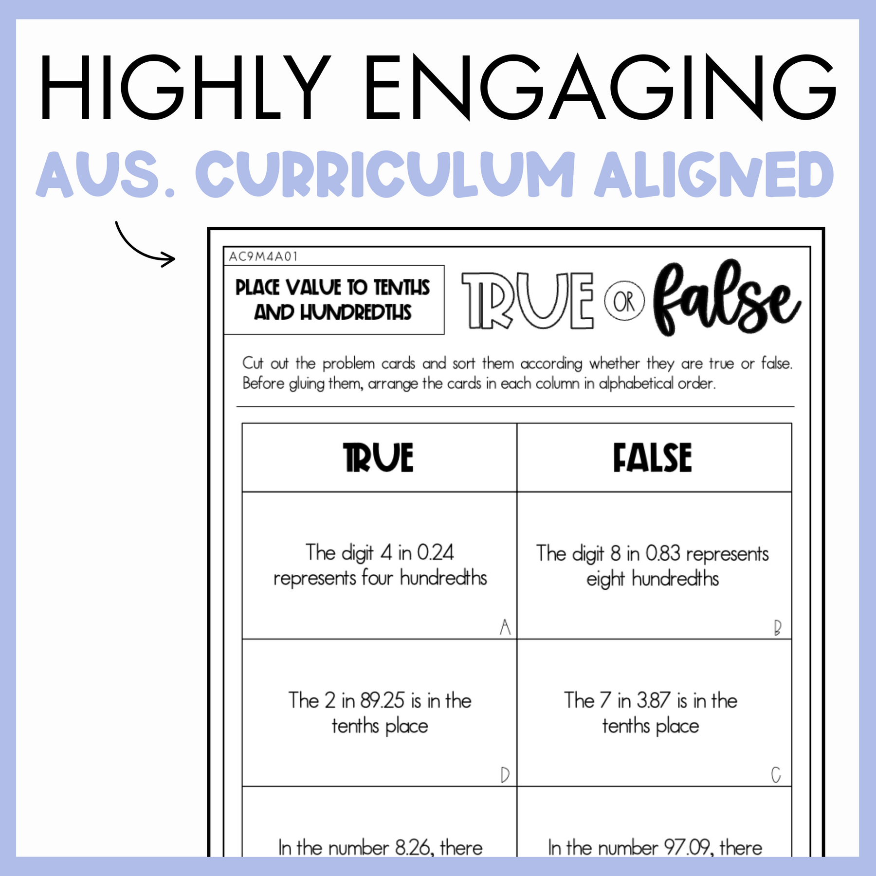 Year 4 Number & Algebra Pack: Decimal Place Value to Tenths & Hundredths (AC9M4N01)