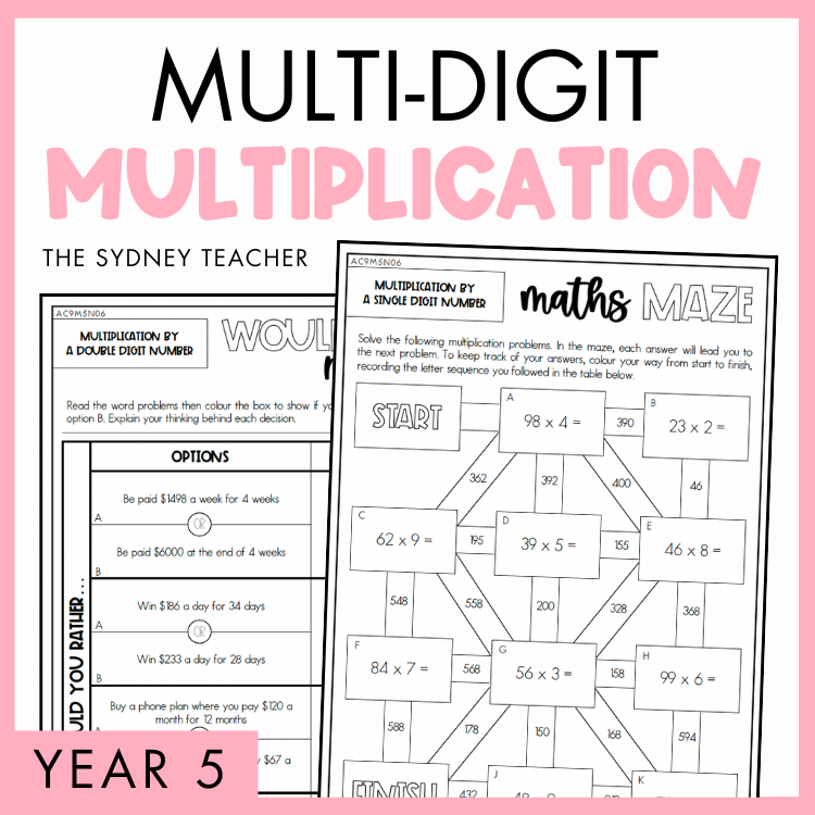 Cover of a educational product titled 'MULTI-DIGIT MULTIPLICATION' by The Sydney Teacher, indicating it's designed for Year 5 students with a maths maze and worked examples.