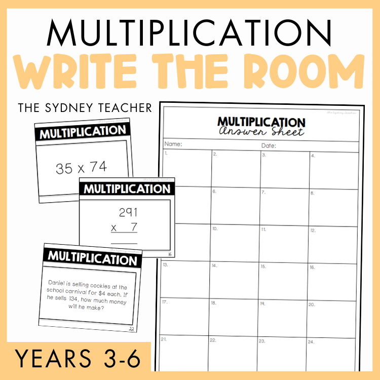 Multiplication Write the Room for Years 3-6 by the Sydney Teacher featuring multplication task cards with answer sheet on a yellow border.