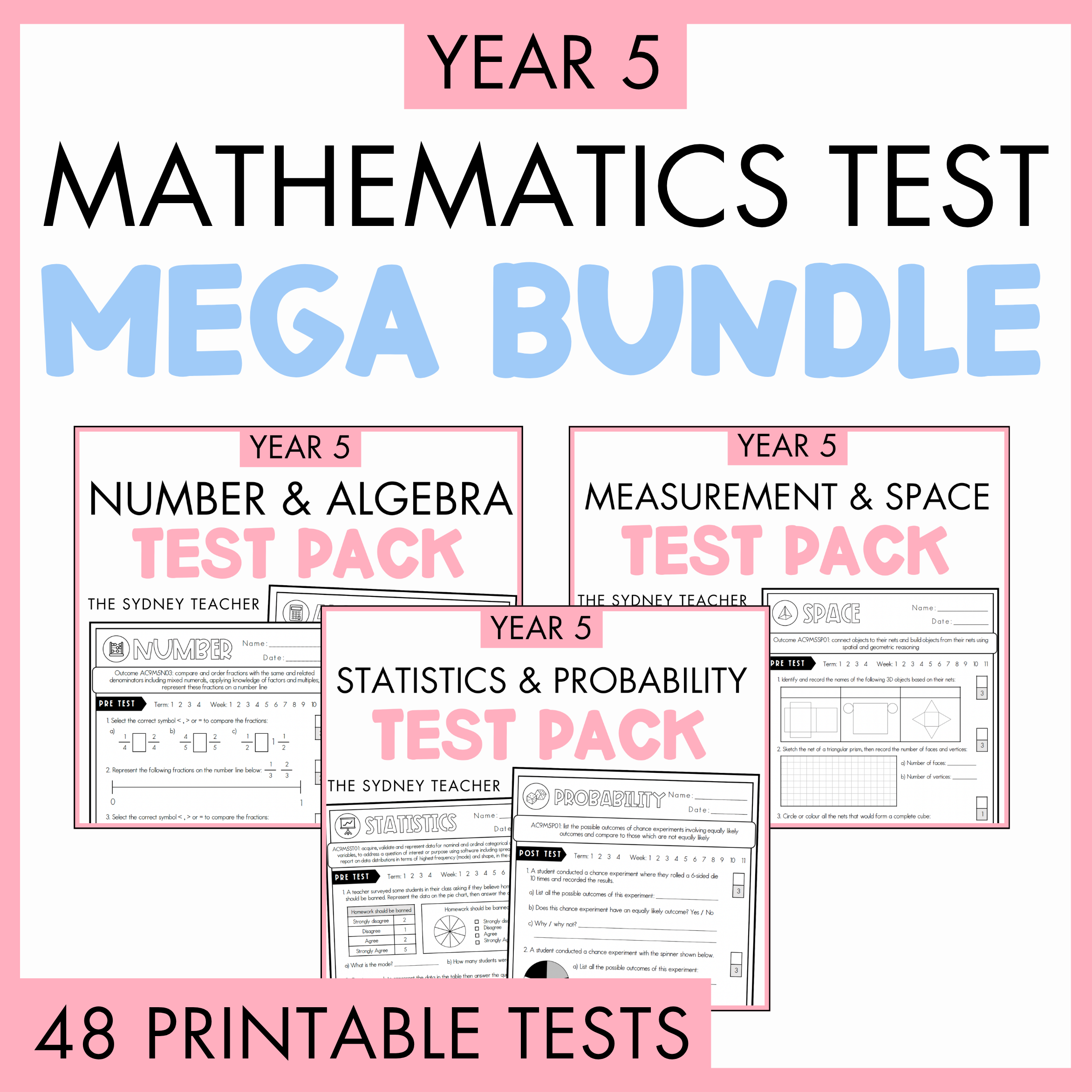 Year 5 Maths Printable Test Pack FULL YEAR - Australian Curriculum V9.0 ...