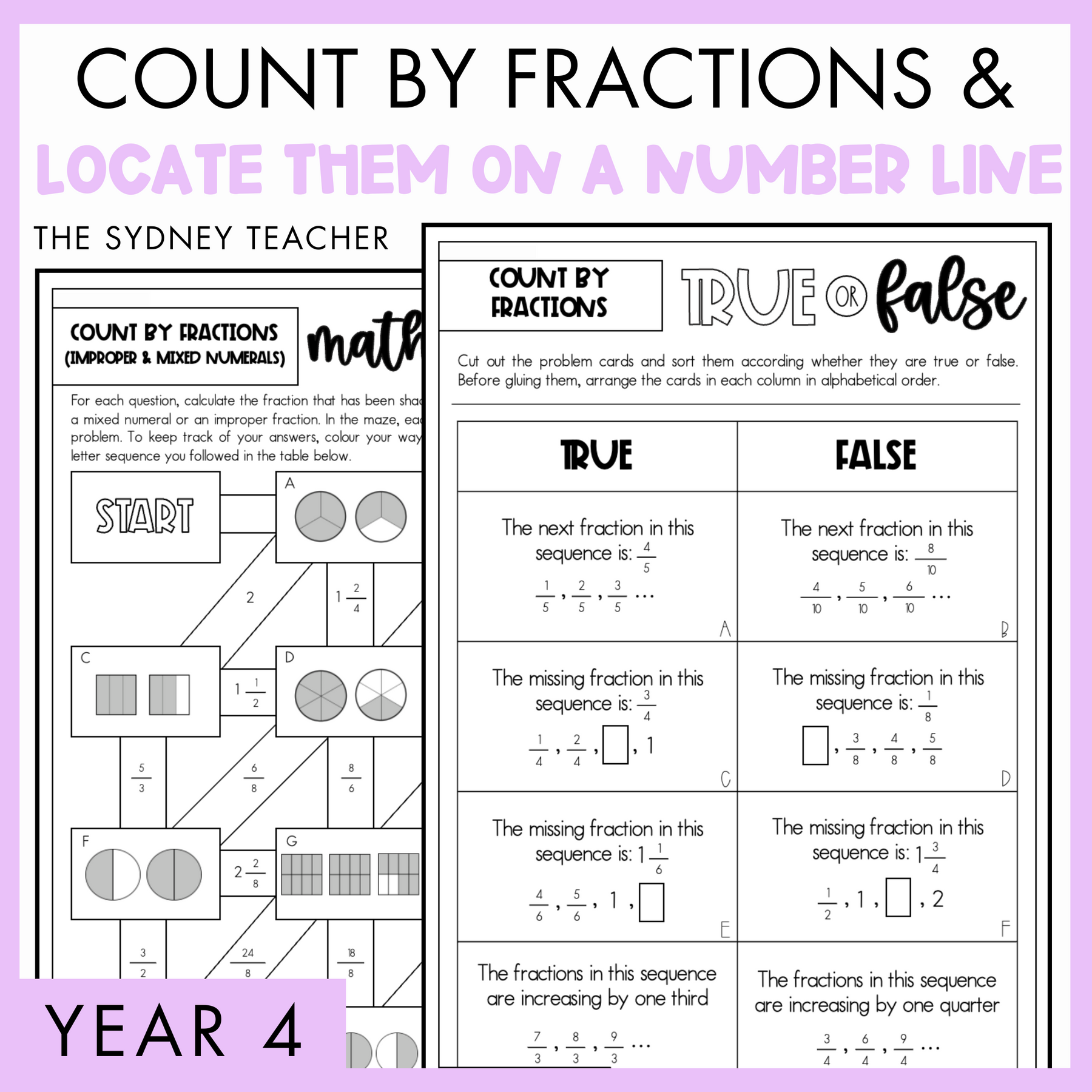 Year 4 Number & Algebra Pack: Count by Fractions & Locate them on a Number Line (AC9M4N04)