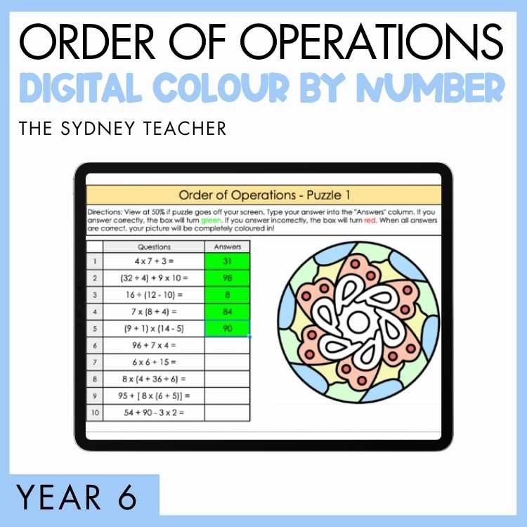 Digital color by number worksheet for Year 6 order of operations with a mandala design on light blue border, branded 'The Sydney Teacher'.