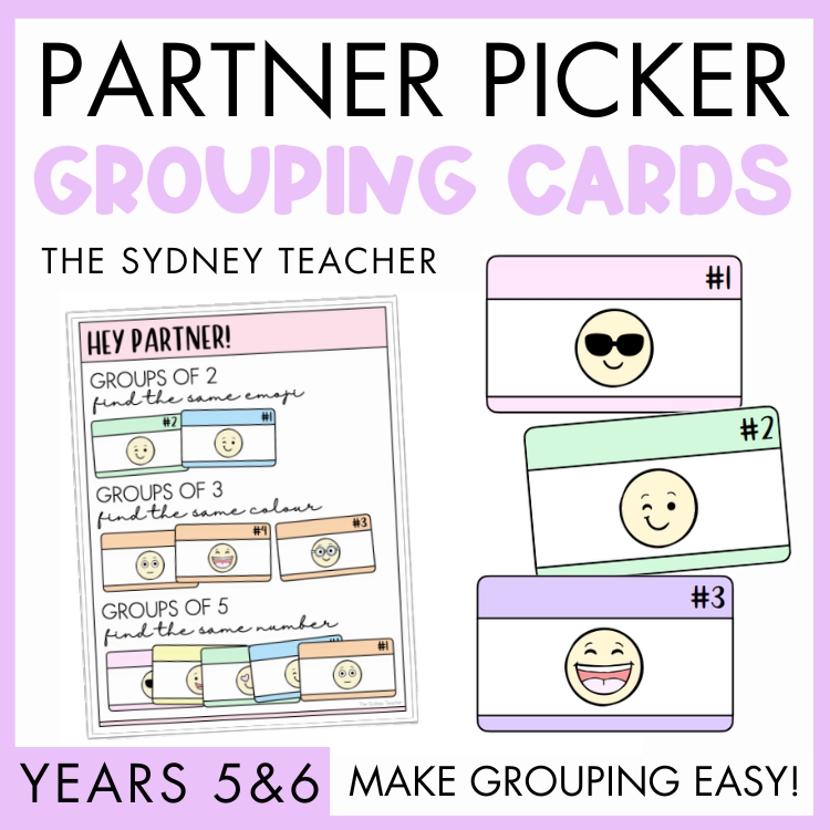 Partner picker grouping cards for Years 5 and 6 by the Sydney Teacher featuring emoji cards for classroom use with a purple border.
