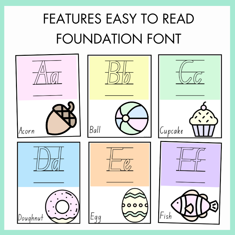 Foundation font characters Aa, Bb, Cc, Dd, Ee, and Ff with corresponding images Acorn, Ball, Cupcake, Doughnut, Egg, and Fish on a light green background with text 'Features Easy to Read Foundation Font'.